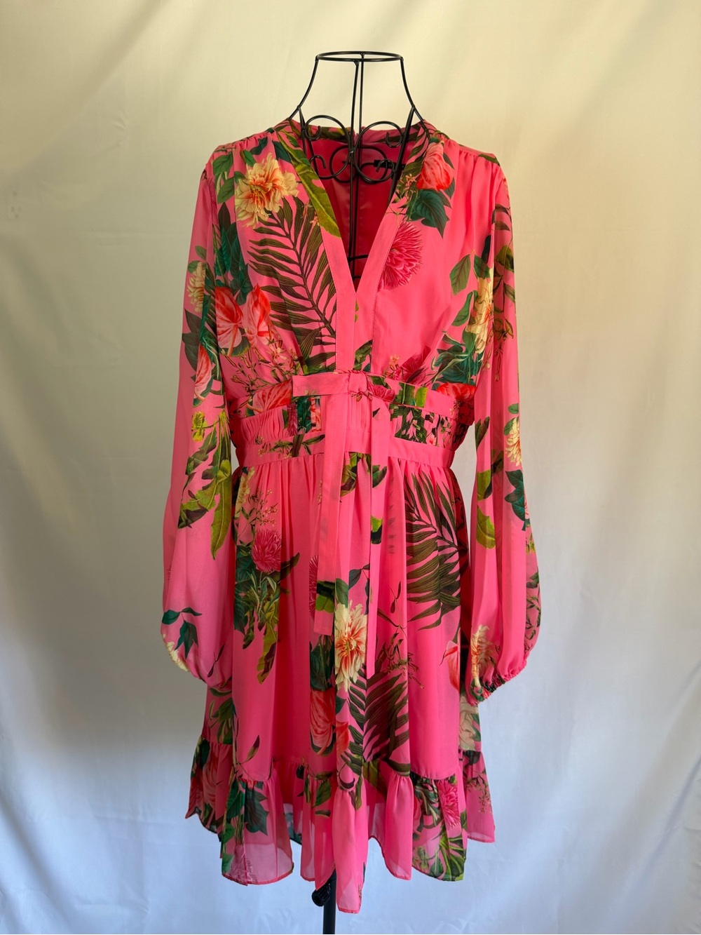 Alex Marie Hot Pink Tropical Floral V-Neck Long Sleeve Dress